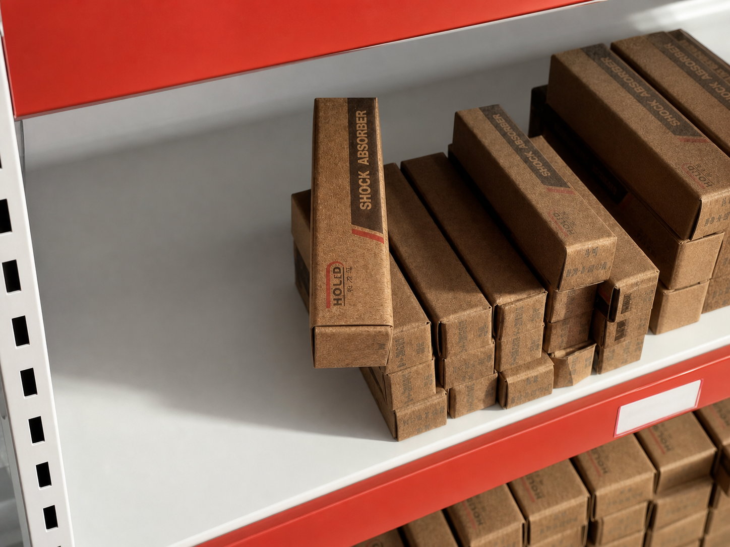 Organized boxed HOLID hydraulic shock absorber inventory based on real factory footage