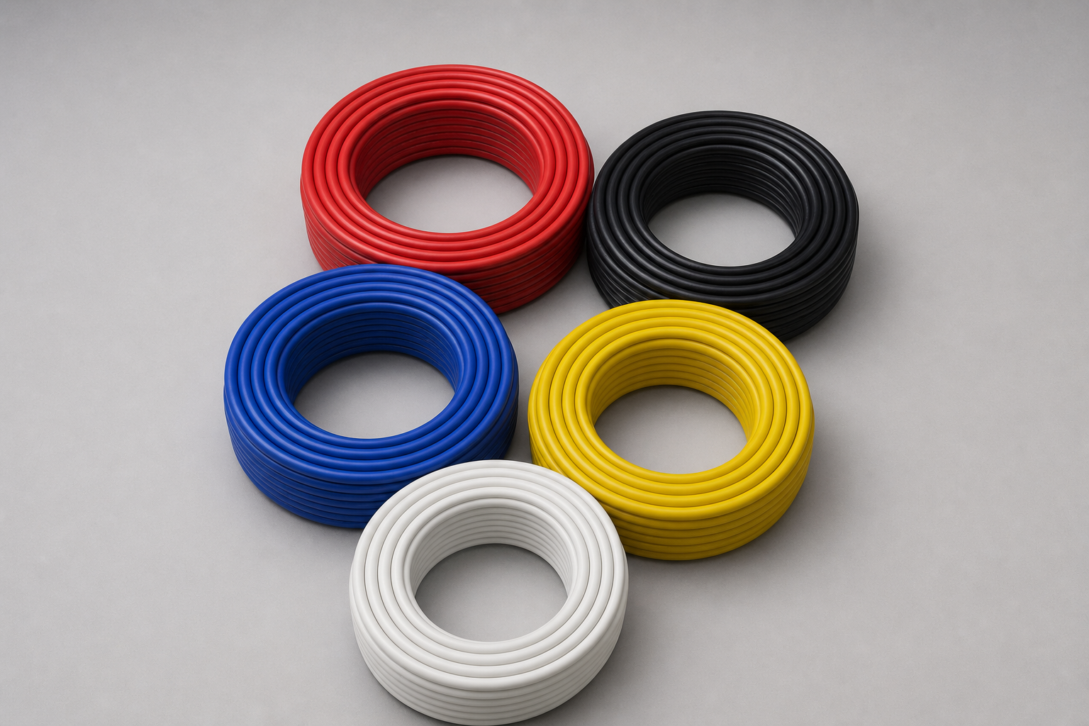 Five HOLID FRPU flame-retardant tube colors in a clean industrial studio setting