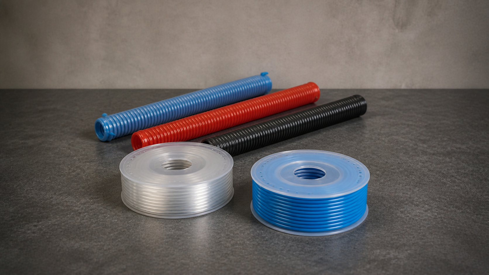 Category visualization of corrugated protective tubing and coiled pneumatic tube families on the HOLID studio background