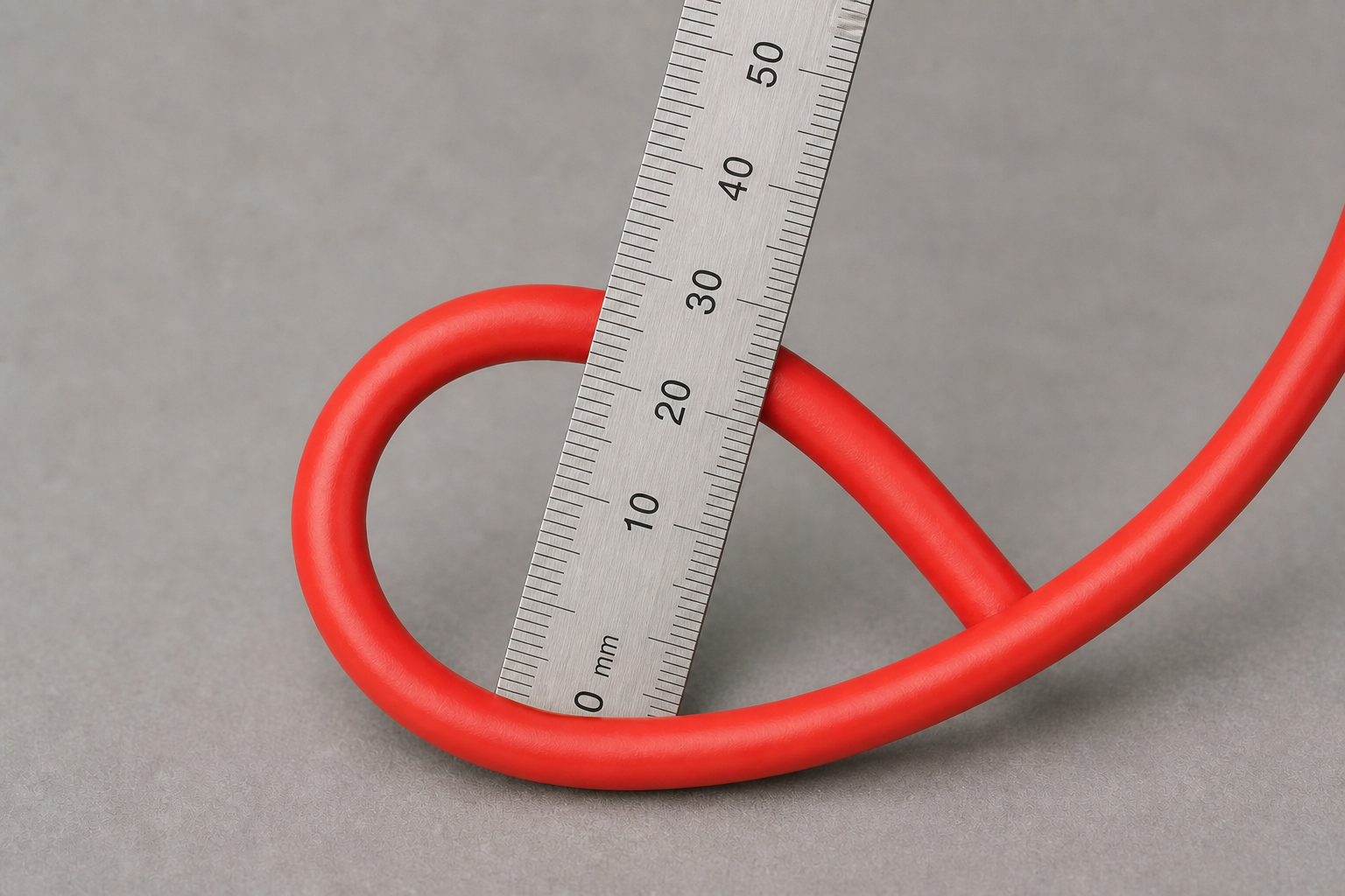Red HOLID FRPU tube formed into a clean loop beside a stainless metric ruler with millimeter markings